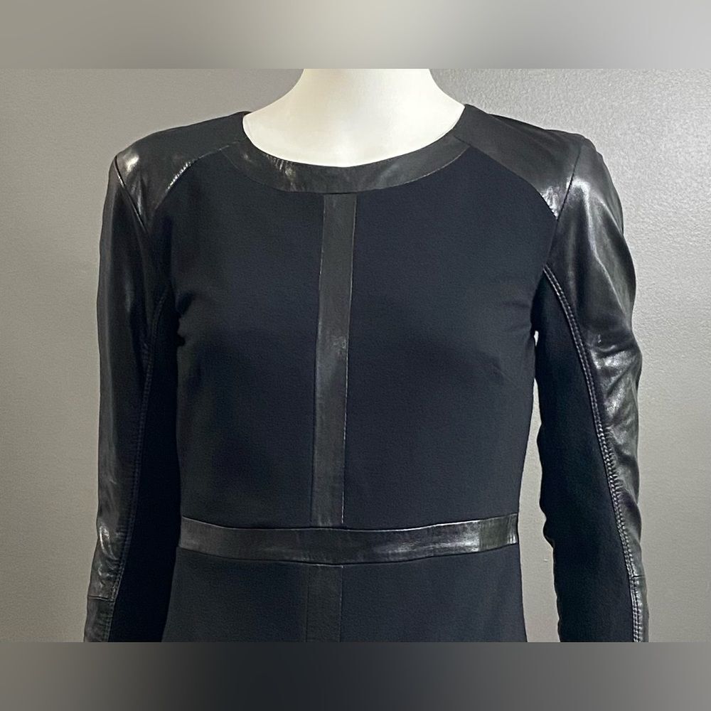 June Long Sleeve Black dress w/Distinctive genuine leather trim detailing Size S - Picture 5 of 12